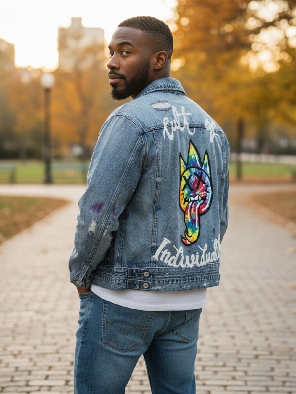 Cult of Individuality Type 3 Denim graphic, distressed Jacket Skittle SZ large